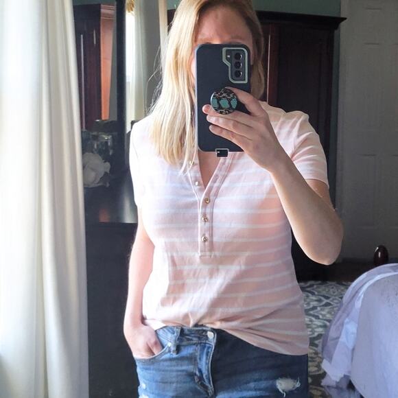 Calvin Klein Stripe Short Sleeve Top Pink White Stripe Small Vneck, Gold Buttons - Picture 1 of 6